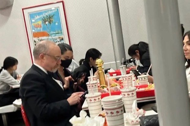 After receiving the Golden Globe Award for Best Actor, he went to In-N-Out to celebrate and was photographed placing the trophy on the table.

