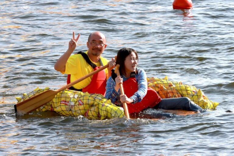 This pair of contestants in a strange raft-building competition blew up store-bought 