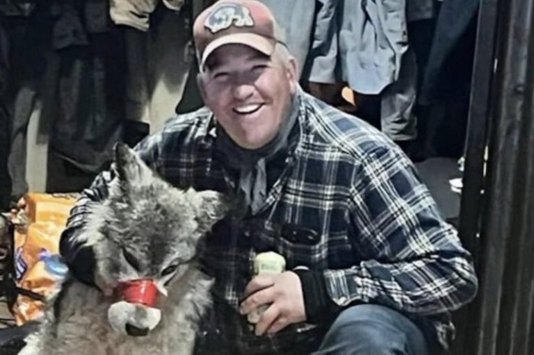 A cruel handsome hunter tied a gray wolf's mouth with tape and performed torture before shooting and skinning it.

