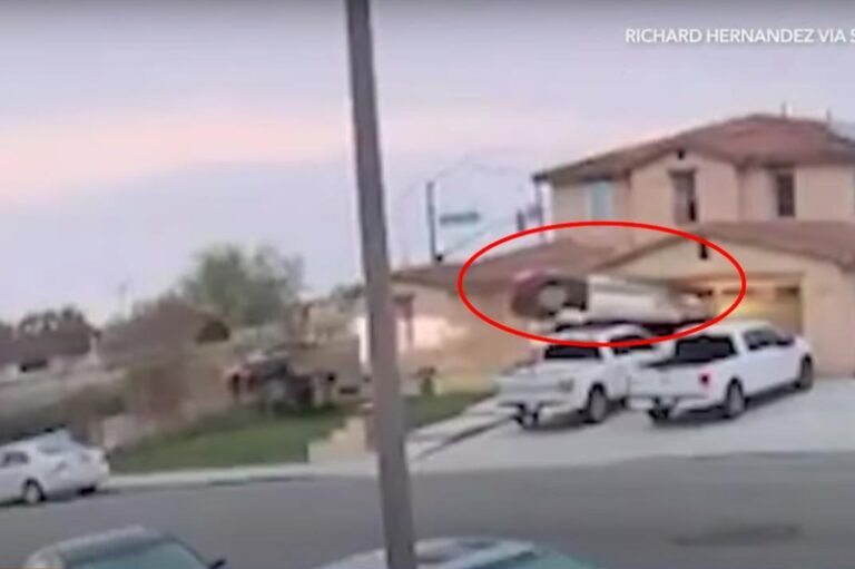Exciting footage has emerged of a car flying through the air and racing at full speed towards a house in Southern California


